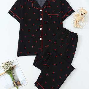 TEMU 봄, 여름, 가을용 여성 투피스 파자마 세트: 캐주얼 홈웨어 반팔 버튼업 셔츠와 라펠 블라우스 + 긴 바지, 블랙 체리 프린트