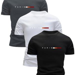 TEMU 3개 남성용 경량 통기성 티셔츠 - 빠른 건조 흡습 라운드넥 상의, 파리 프린트, 올 시즌 캐주얼 & 포멀 웨어, 땀 방지