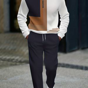 TEMU 유럽 및 미국 남성 패션 캐주얼 정장, 보라색 회색 멀티 컬러 기하학 패턴 스플라이싱 데일리 스트리트 긴팔 바지 세트