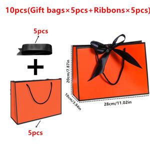 TEMU 10개 (검정 리본 5개 + 오렌지 선물백 5개) 럭셔리 오렌지 종이 선물백 검정 리본과 손잡이 포함 - 결혼식, 생일, 발렌타인데이, 어머니날, 할로윈, 크리스마스에 이상적 | 우아한 디스플레이와 축제 장식, 선물 포장 | 우아한 선물백, 쇼핑백 | 튼튼한 손잡이 백, 크리스마스에 완벽