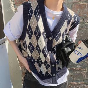 TEMU 여성용 기하학적 디자인 스웨터 조끼, 간편하고 스타일리시하며 버튼이 있는 원단 특징