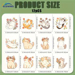 TEMU 12개 DIY 봄 고양이 DTF 전사 스티커 - 다림질 없이 사용 가능한 열전사 비닐 패치, 티셔츠, 청바지, 마스크, 백팩에 적합 - 세탁 가능한 귀여운 다림질 디자인, 패브릭 공예용