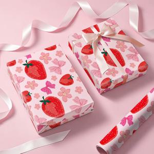 TEMU 1롤 크리스마스 스위트 스트로베리 포장지 | 핑크 베이스와 딸기 & 리본 패턴 - 선물 포장, 파티 장식, 스크랩북킹, 생일 박스용 - 43cm × 500m (17인치 × 16.4피트)