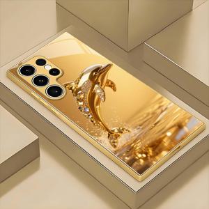 TEMU 휴대폰 케이스 - 고급스러운 컬러 골든 돌핀 패턴 유리 골드 폰 케이스 커버, 삼성 갤럭시 S25/S25 플러스/S25 울트라/S24/S24 FE/S24 플러스/S24 울트라/S23/S23 FE/S23+/S23 울트라/S22/S22+/S22 울트라/S21/S21 FE/S21+/S21 U에 적합