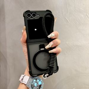 TEMU 휴대폰 케이스: 네 모서리 충격 방지 마그네틱 브라켓 접이식 휴대폰 케이스, 걸이용 로프 포함, 삼성 갤럭시 Z 플립 7/플립 6/플립 7fe/플립 5/플립 4용, 무광 반투명 전신 보호 커버, 무선 충전 지원