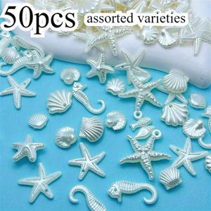 TEMU 50개 세트 오션 스타일 조개, 소라, 해마 등 다양한 모양 비즈, DIY 핸드메이드 불규칙 산란 구슬 팔찌, 액세서리 제작용 펜던트, 3D 주얼리 펜던트, 공예품