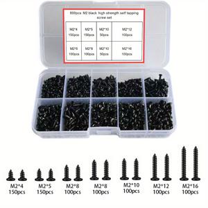 TEMU 800개 블랙 M2 고강도 셀프 태핑 스크류 세트 - 7종 사이즈(4/5/6/10/12/16mm), 목재, 부드러운 금속, 홈 개선, 플라스틱용 - 내구성 강한 금속 재질 4가지 종류, 목공용 나사, 건축용 패스너, 정밀 패스너, 산업용 스크류, 방청 스크류, 다목적 패스너 키트, DIY 애호가용