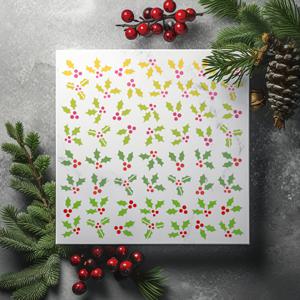 TEMU 크리스마스 테마의 그림 템플릿 4종 세트입니다. 눈꽃, 홀리, 크리스마스 트리와 같은 디자인을 보여줍니다. 이 재사용 가능한 템플릿은 20cm x 20cm 크기이며 캔버스, 벽, 천, 종이 등에 적용하기에 이상적입니다.