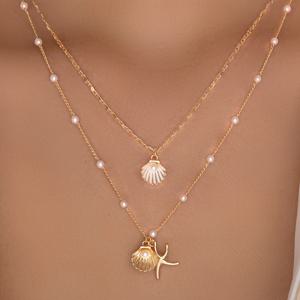 TEMU 인조 진주 상감이 있는 합금 펜던트 2개 세트, 수제 레이어드 체인, 스타일리시한 디자인, 모조 조개껍데기 및 펜던트 특징, 섹시한 휴가 분위기에 완벽