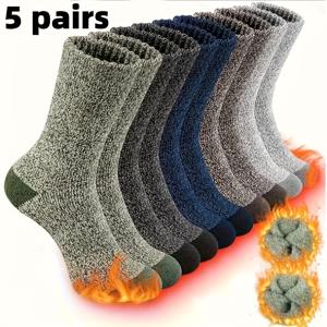 TEMU 5켤레 남성용 두꺼운 따뜻한 수건 양말, 남성용 겨울 미드 크루 양말, 야외 하이킹 양말, 루프 밑단 양말