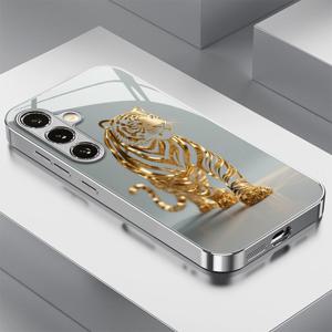 TEMU 휴대폰 케이스 - 메탈릭 투명 호랑이 패턴 전기 도금 유리 휴대폰 케이스, 갤럭시 S25/S25 울트라/S25 엣지/S25 플러스/S24/S24 FE/S24 울트라/S23/S23+/S23 울트라/S22/S22+ 5G/S21 울트라 5G/S20 호환, 스타일리시하고 트렌디하며 아름답고 화려함