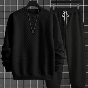 TEMU 남성 가을/겨울 자카드 캐주얼 세트, 트렌디한 스트리트 스타일, 라운드넥 스웨트셔츠 및 롱 팬츠, 투피스 의상