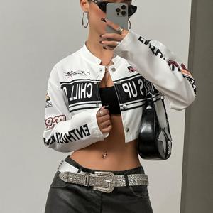 TEMU 여성 캐주얼 바이커 재킷 - 레터링, 스탠드 칼라, 버튼업 앞면, 긴소매, 봄/가을 겉옷, 신축성 없는 원단, 캐주얼 겉옷, 스타일리시 재킷, 내구성 좋은 재킷