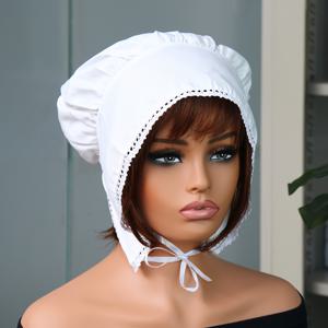 TEMU 할로윈용 식민지 시대 여종업자 보닛 모자 - 화이트 레이스 프릴 퓨리탄 선구자 코스튬 모자 - 신축성 및 내열성 폴리에스터 소재, 추수감사절, 롤플레잉, 파티용