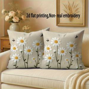 TEMU 2D 평면 프린팅 - 컨트리 스타일 데이지 패턴 베개커버 2개, 침실에 신선함을 더하는 홈 리빙룸 소파 침대 장식 쿠션 커버, 편안하고 부드러움. 다양한 공간과 행사에 적합, 친구에게 선물하기 이상적. 베개 내장재 미포함, 단면 프린팅, 2D 평면 프린팅, 2D 평면