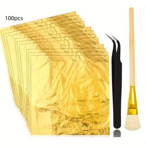 TEMU 100개 세트 아트워크 리프 + 핀셋 & 브러쉬, 페인팅, 레진, 도금, 네일, DIY 카드, 수공예 포일, 돌 페인팅용