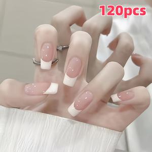 TEMU 120개입 중간 사이즈 프렌치 스타일 사각 인조 손톱 세트 (간편한 광택 마감), 젤리 접착제 및 네일 파일 포함, 여성 및 일상적인 착용에 적합
