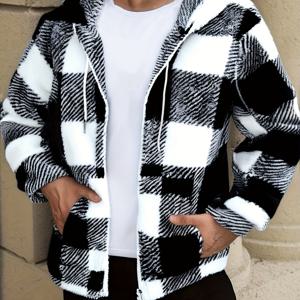 TEMU 남성 가을/겨울용 재킷, 플러시 체크 지퍼업 후드티 (마우스 포켓 포함)