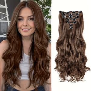 TEMU 여성용 우아한 혼합 컬러 클립 가발 - 16클립, 롱 웨이브 컬링 합성 헤어 플랩