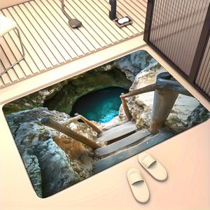 TEMU 1개 착시 수탑 욕실 미끄럼 방지 매트, 미끄럼 방지, 흡수성, 내구성 있는 매트, 계단과 푸른 물이 있는 신비로운 동굴 디자인, 침실, 거실, 주방, 욕실, 세탁실 입구에 적합, 크리스마스 장식용 바닥 매트, 완벽한 크리스마스 선물