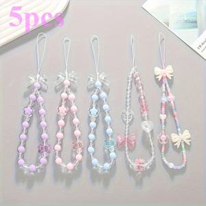 TEMU 귀여운 리본 장식이 있는 핑크 비즈 폰 끈 5개 세트, /8.27인치, 낙하 방지 디자인, 휴대폰, 열쇠, 가방에 적합한 가벼운 핸드메이드 추가, 소프트한 소재로 제작된 패셔너블한 체인