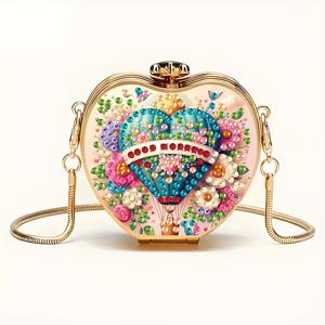 TEMU 1개 DIY 미니 크로스바디 백, 핫에어 풍선 & 꽃 디자인, 반짝이는 장식, 골드 체인 스트랩 - 휴대용 동전 지갑, 여행, 선물용 (립스틱/이어폰에 적합한 라운드 핸드백)