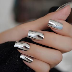 TEMU 쿨네일 반짝이는 실버 메탈릭 롱 펑크 메탈 플레팅 미러 손톱 인조 매니큐어 프레스온 네일 장식