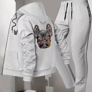 TEMU 남성 트렌디 가을/겨울 후드 재킷 세트, 프렌치 불독 패턴, 캐주얼 비즈니스룩, 스탠드업 칼라 유스 레저 스포츠 야구 재킷