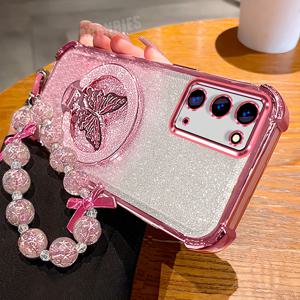 TEMU 휴대폰 케이스 - 노트20용 고급 글리터 나비 브래킷 접이식 홀더, 비즈 목걸이 손목 스트랩 체인 및 삼성 갤럭시 노트 20용 그라데이션 도금 휴대폰 케이스