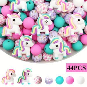 TEMU 44개 귀여운 3D 유니콘 실리콘 비즈 DIY 공예용 - 다양한 색상의 사랑스러운 동물 테마 포커스 비즈 - DIY, 주얼리 만들기, 펜 장식에 완벽한 귀여운 비즈 - 비즈 & 비즈 세트