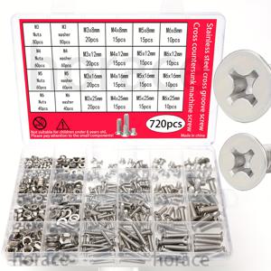 TEMU 720개 스테인리스 스틸 십자형 카운터싱크 그루브 머신 스크류 세트 (M3/M4/M5/M6) 미터법 나사, 너트 및 와셔 포함, 자동차, 기계 및 DIY용 헤비듀티