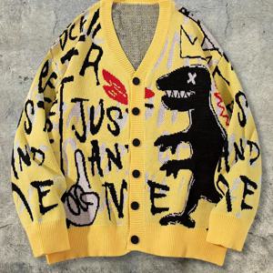 TEMU 가을 겨울 남성 빈티지 아메리칸 스트리트 스타일 레터 공룡 프린트 캐주얼 V넥 가디건 커뮤터 다용도 니트 탑