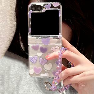 TEMU 휴대폰 케이스 - 사랑스러운 하트 투명 폰 케이스, 고급스러운 반짝이는 레이저 팔찌 체인 디자인, 삼성 갤럭시 Z 플립 모델 7, 6, 5, 4, 3용, 뒷면 보호를 위한 깜찍한 그라데이션 핑크 하트
