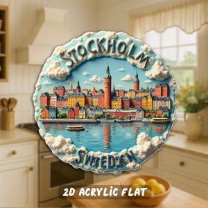 TEMU 1 스톡홀름 스웨덴 빈티지 냉장고 자석 - 3.15인치 생생한 아크릴 도시 풍경, 상징적인 랜드마크, 스웨덴 국기 색상 및 스톡홀름 글씨체 - 여행 테마 주방 장식 선물, 크리스마스, 어버이날, 스승의 날, 2D 평면 디자인, 2D 평면