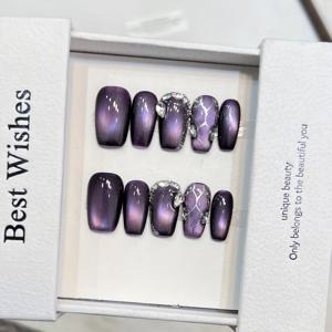 TEMU 수제 보라색 고양이 눈 네일 스티커 10개입, 워터 및 크랙 디자인 - 중간 크기 사각형 인조 네일, 재사용 가능한 풀 커버 아크릴 네일 팁, 파티, 데이트 및 독특하고 매력적인 룩 연출에 적합