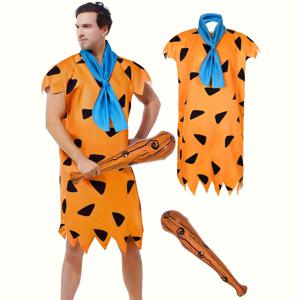 TEMU 할로윈 카니발용 남성 스톤 에이지 코스튬 3종 세트, 클래식 동굴인 파티 의상 (블루 스카프 및 클럽 포함), 성인 파티 코스튬