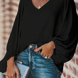TEMU 플러스 사이즈, 여성용 솔리드 컬러 V넥 랜턴 소매 루즈 캐주얼 탑 셔츠