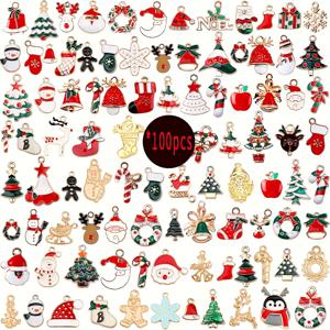 TEMU 사ンタ, 말랑이, 눈사람 디자인의 미니 합금 목걸이, 팔찌, 귀걸이 100개 세트. 크리스마스 선물용으로 좋습니다.