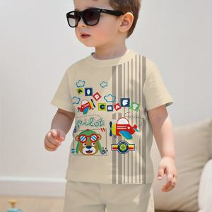 TEMU 남아용 장난기 많은 작은 곰과 작은 비행기의 3D 프린팅 디자인. 반팔 풀오버 셔츠와 스포츠 반바지 세트. 아동복으로 적합. 편안한 원단으로 제작되어 여름에 적합. 캐주얼 스포츠 셔츠 세트, 아웃도어용으로 매우 적합하고 완벽함