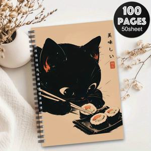 TEMU 1개 일본 애니메이션 스시 고양이 스파이럴 노트북 - 일본어 텍스트 & 귀여운 스시 롤 & 참치 니기리 고양이 눈 디자인 - 내구성 있는 커버, 일본어 학습 저널, 플래너, 여행 다이어리, 애니메이션 팬을 위한 용품