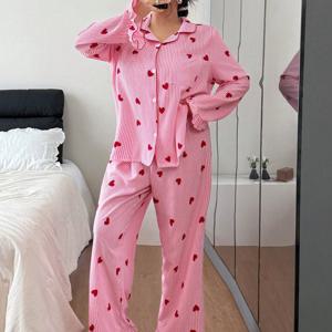 TEMU 여성용 캐주얼 파자마 세트, 긴소매와 긴 바지, 버블 칼라 특징