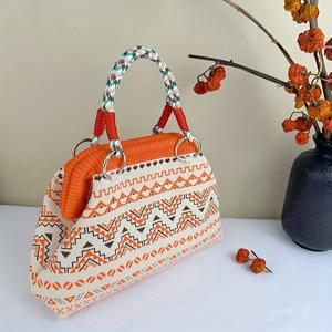 TEMU 새로운 빈티지 블루 니트 핸드백, 국산 스타일, 블루 & 오렌지, 패셔너블 & 캐주얼, 탈착식 손잡이, 데일리, 지갑, 토트백, 숄더백, 겨드랑이 가방, 만두 가방, 이브닝 가방으로 적합