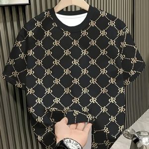 TEMU 남성용 통기성 좋은 폴리에스터 캐주얼 티셔츠 - 루즈핏 반팔 라운드넥 카키색 셔츠, 영문자 & 기하학적 프린트, 약간의 스트레치, 야외, 헬스, 휴가, 파티용 - 세탁기 사용 가능, 선물용으로 이상적 (사계절 착용)