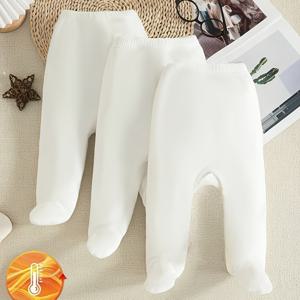 TEMU 아기 및 유아용 남녀공용 기모 안감 겨울 타이츠 3종 세트 - 편안한 발목 바지, 탄성 허리, 부드러운 흰색 솔리드 기모 레깅스, 추운 날씨에 이상적, 아기용 포근한 캐주얼 복장, 야외 활동에 적합