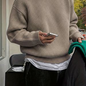 TEMU 가을/겨울 따뜻한 스타일 유럽풍 미국풍 일본풍 한국풍 루즈핏 캐주얼 골지 텍스처 하이스트리트 남녀공용 니치 디자인 니트 긴소매 드롭 숄더 니트웨어 크루넥 스웨터