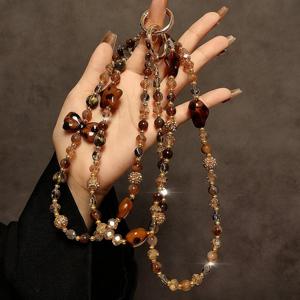 TEMU 럭셔리 하이엔드 브라운 프린트 라인스톤 비즈 롱 크로스바디 스트랩 체인 폰 케이스 백 펜던트 여성 패션