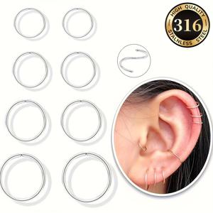 TEMU 정교한 소형 전신 316 스테인리스 스틸 오픈 후프 귀걸이 8개 세트, 남녀공용 일상 착용용, 연골, 룩, 다이스, 트라거스, 코, 헬릭스 피어싱용. 남녀를 위한 생일 선물용 귀걸이 주얼리, 6/8/10/12mm 사이즈 선택 가능