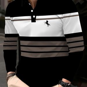 TEMU 남성용 디지털 프린트 라운드넥 긴팔 폴로 셔츠. 속건성 및 통기성 좋은 폴리에스터 섬유로 제작되었으며, 컬러 블록 스트라이프가 특징입니다. 레귤러 핏이며 가볍고 편안하여 캐주얼 웨어에 적합합니다.