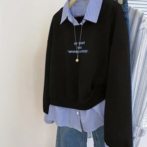 TEMU 여성용 신상 스타일리시 버튼업 캐주얼 자수 페이크 투피스 셔츠 (팔걸이 칼라, 긴소매, 풀오버 디자인), 봄/가을