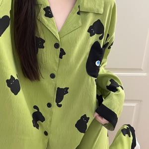 TEMU 재고 보유 고품질 한국 스타일 인스타 감성 귀여운 만화 작은 검은 고양이 십대 여학생용 파자마, 봄/여름 신상품, 긴팔과 긴바지, 루즈핏, 아우터웨어로 착용 가능, 학생 기숙사용 2개 세트, 십대용